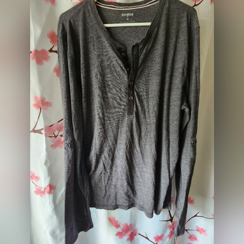 Men's Express Dark Gray Henley Roll Up Long Sleeve Shirt Size XL